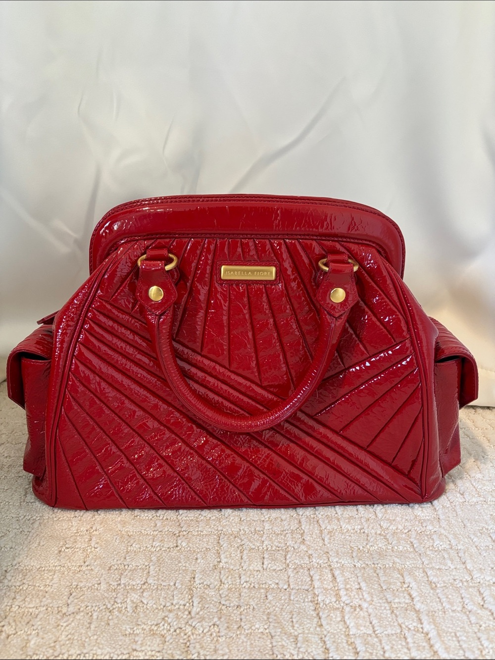 Isabella Fiore Quilted Red Patent Wristlet with Gold Logo Plate